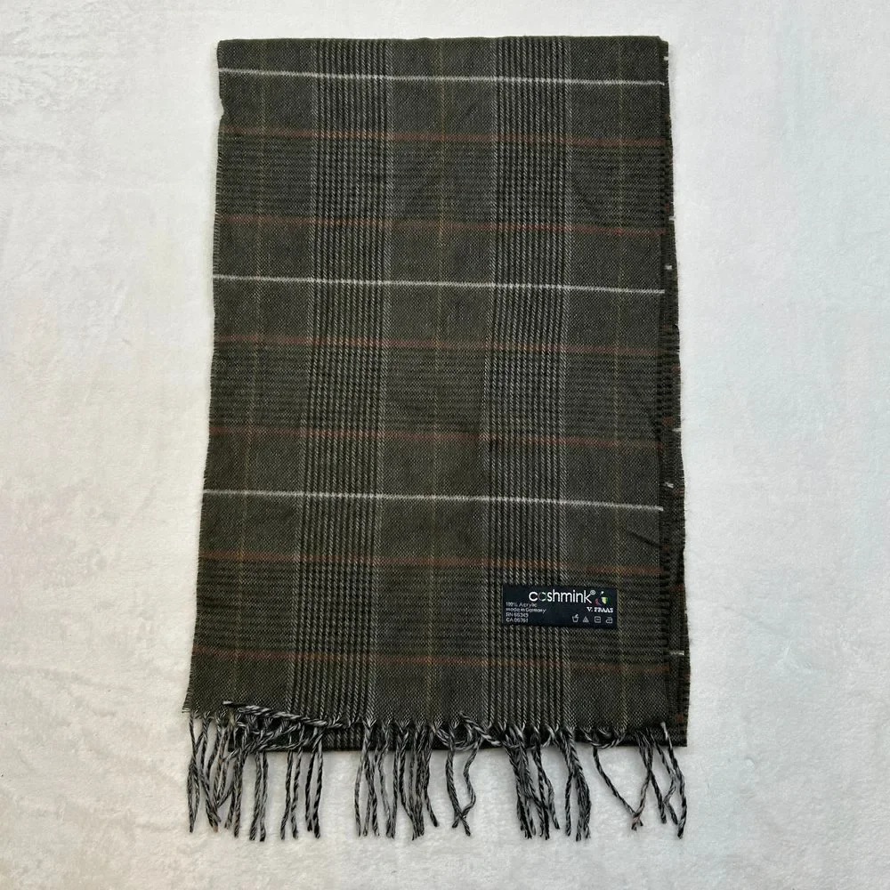 Coshmink V.Fraas Plaid Winter Scarf Gray Brown Windowpane Pattern Fringe Acrylic